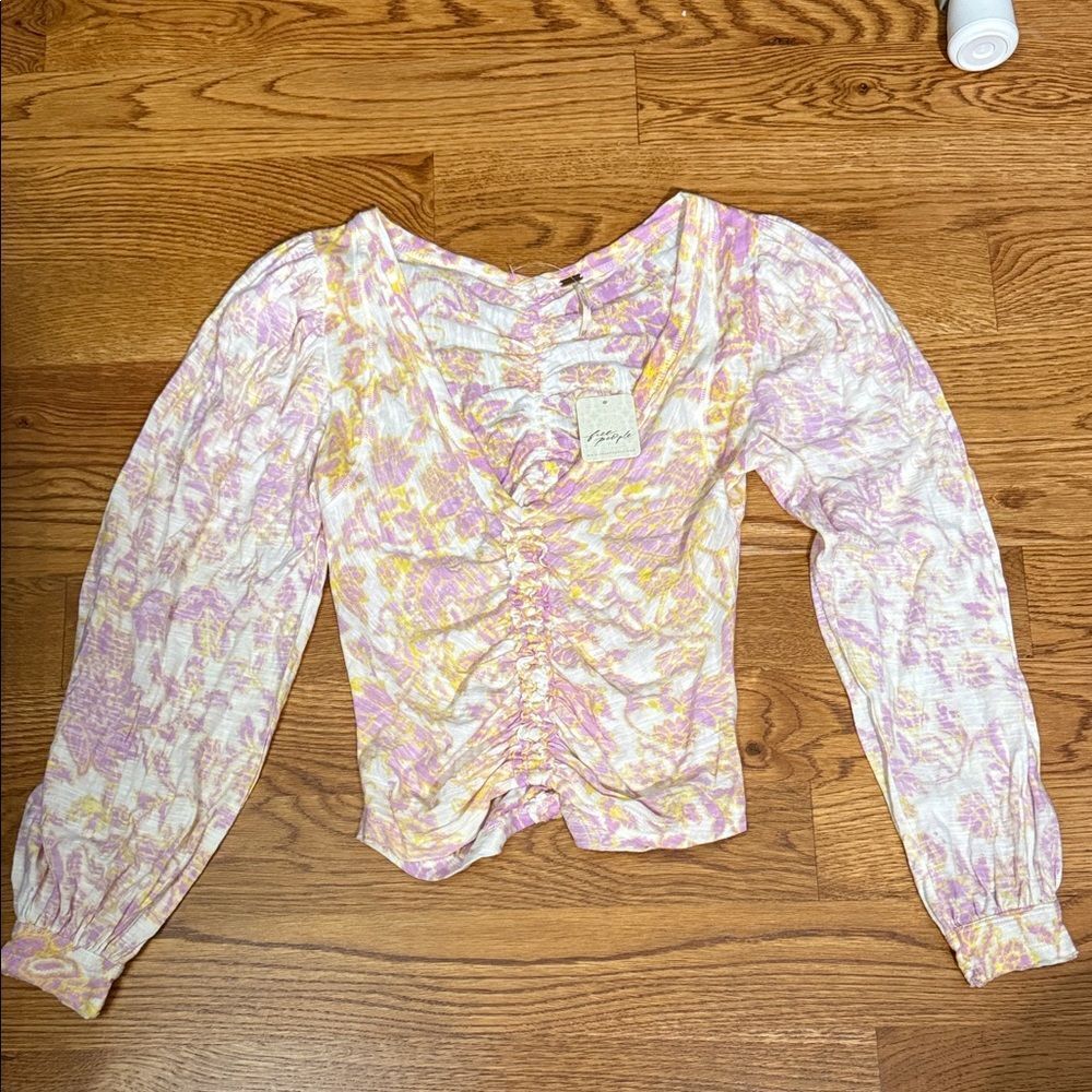 Free People Ruched Crop Blouse Floral Long Sleeve NWT XS Boho Coquette